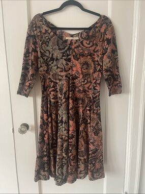 Peruvian Connection Velvet Paisley Fit-and-Flare A-line Dress in Coral and Black